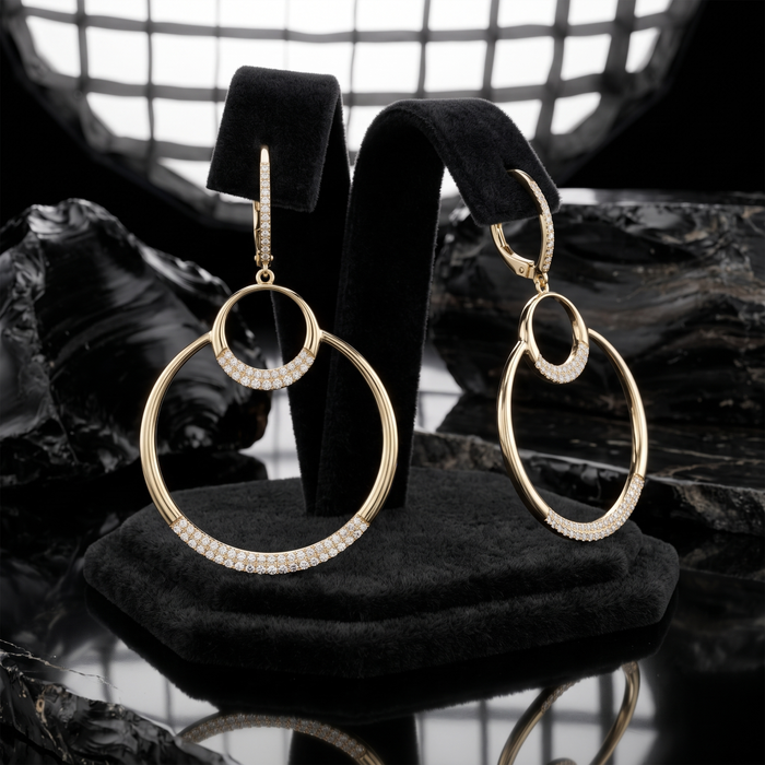 Double Halo Diamond Open Circle Drop Earrings in 14K Yellow Gold