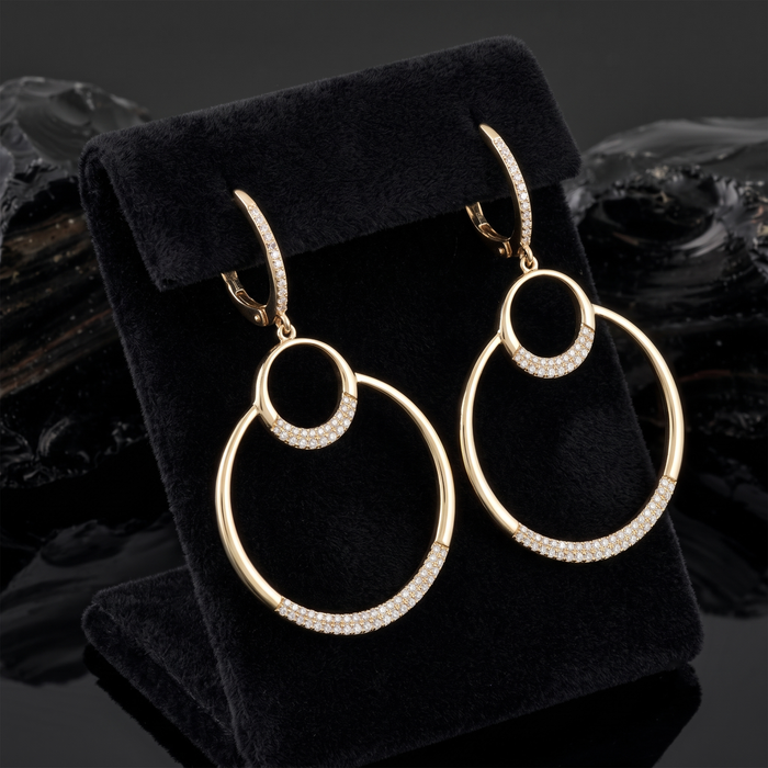 Double Halo Diamond Open Circle Drop Earrings in 14K Yellow Gold