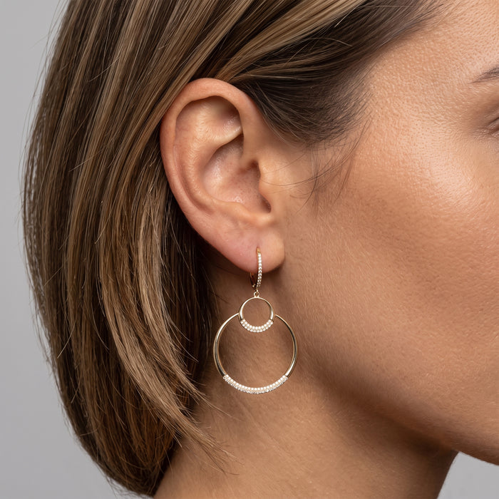 Double Halo Diamond Open Circle Drop Earrings in 14K Yellow Gold
