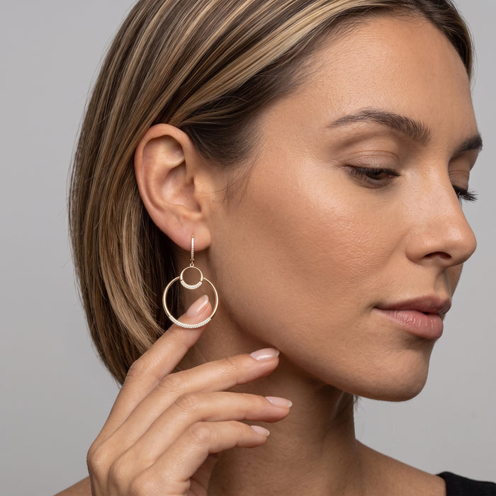 Double Halo Diamond Open Circle Drop Earrings in 14K Yellow Gold