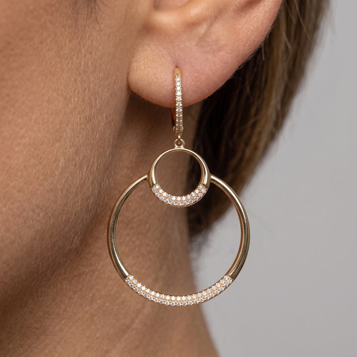 Double Halo Diamond Open Circle Drop Earrings in 14K Yellow Gold