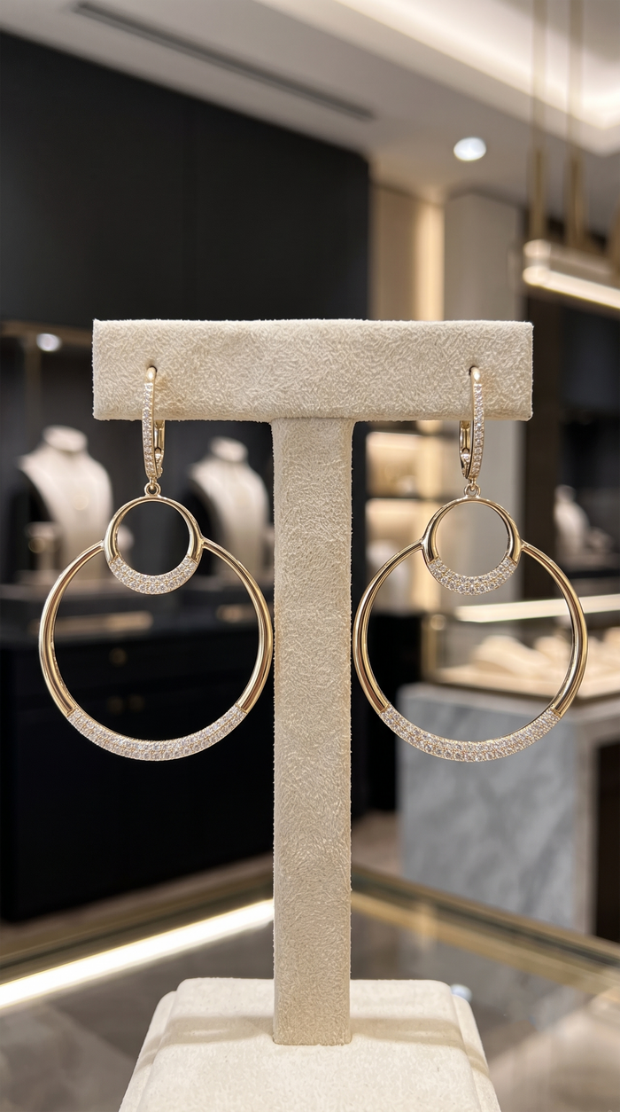 Double Halo Diamond Open Circle Drop Earrings in 14K Yellow Gold