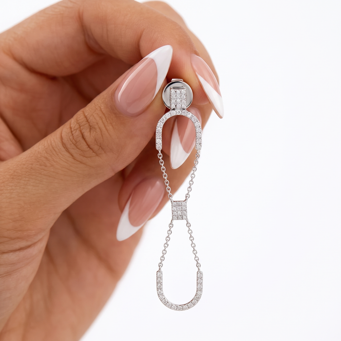 Double Link Drop Diamond Chain Earrings in 14K White Gold