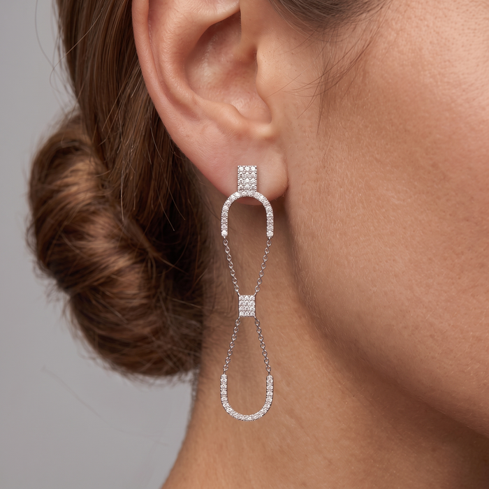 Double Link Drop Diamond Chain Earrings in 14K White Gold