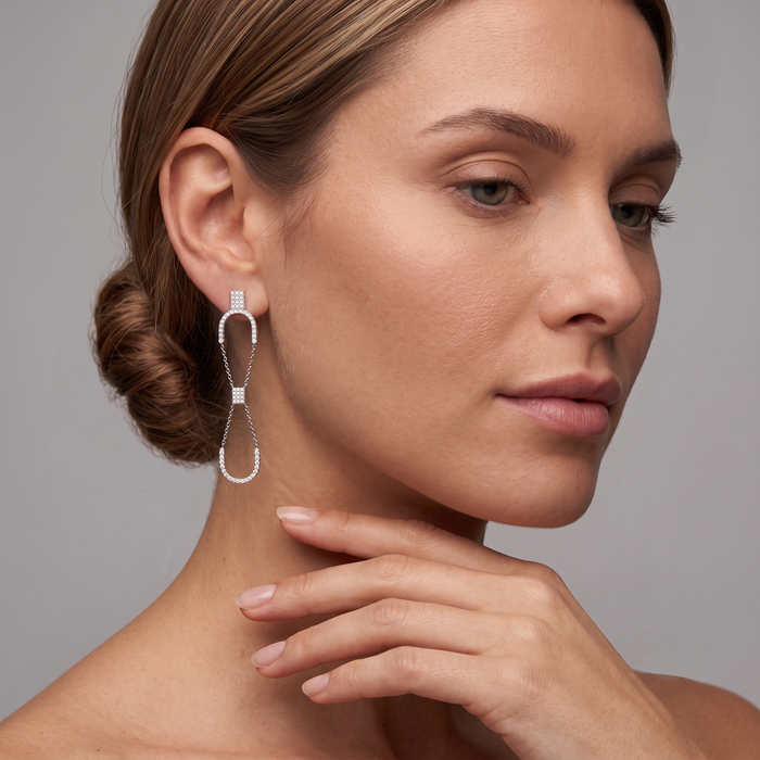 Double Link Drop Diamond Chain Earrings in 14K White Gold