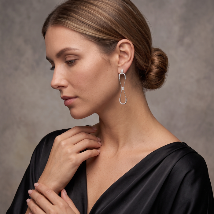 Double Link Drop Diamond Chain Earrings in 14K White Gold