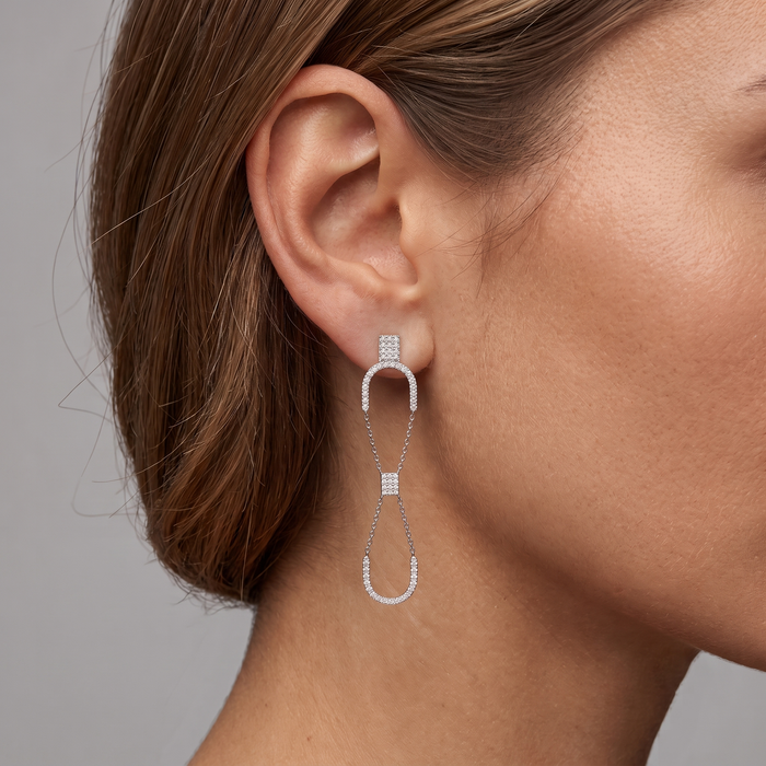 Double Link Drop Diamond Chain Earrings in 14K White Gold