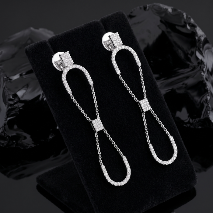 Double Link Drop Diamond Chain Earrings in 14K White Gold