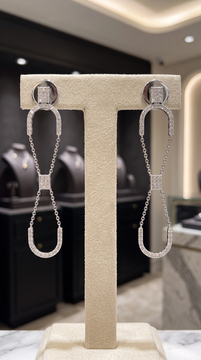 Double Link Drop Diamond Chain Earrings in 14K White Gold