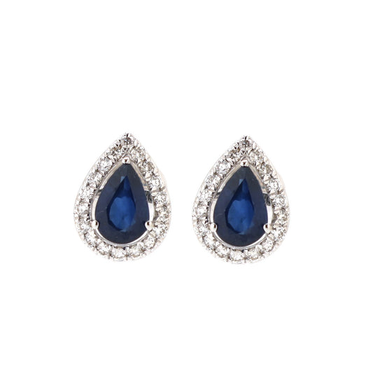 Blue Sapphire 18K Natural Diamond White Gold Halo Stud Earrings