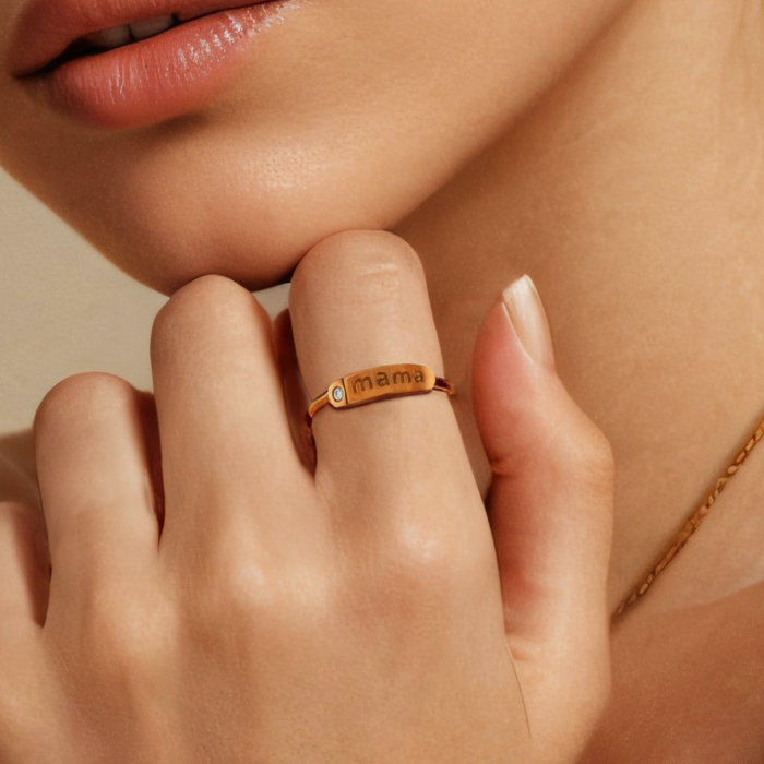Mama Engraved Diamond Ring in 14K Yellow Gold