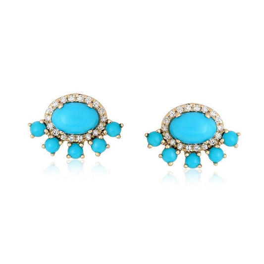 Sunbeam Cluster Turquoise Diamond Earrings in 14K Yellow Gold