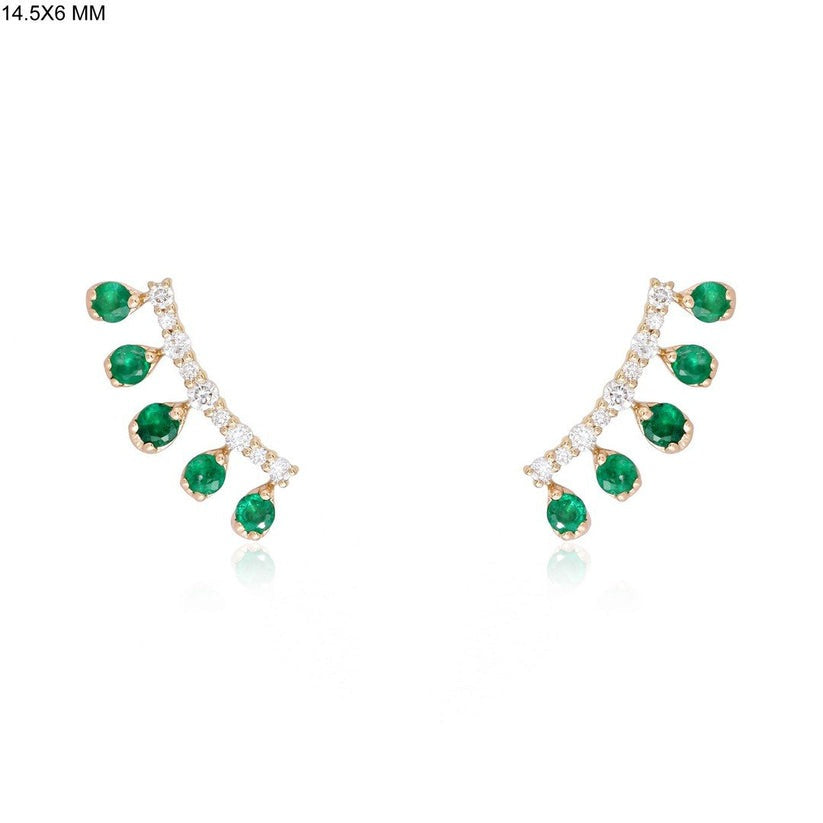 Emerald Teardrop Diamond Climber Earrings in 14K Yellow Gold