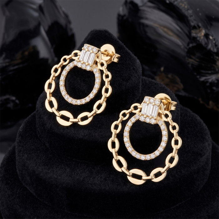 Baguette Diamond Chain Circle Drop Earrings in 14K Yellow Gold