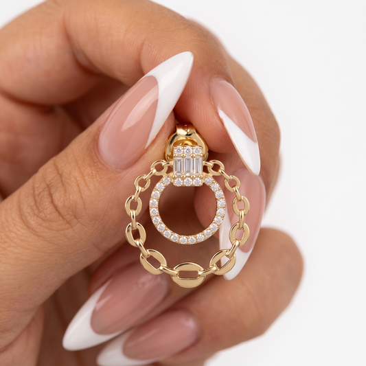 Baguette Diamond Chain Circle Drop Earrings in 14K Yellow Gold