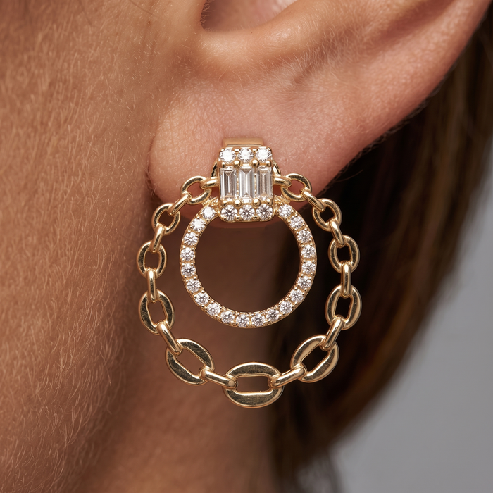 Baguette Diamond Chain Circle Drop Earrings in 14K Yellow Gold