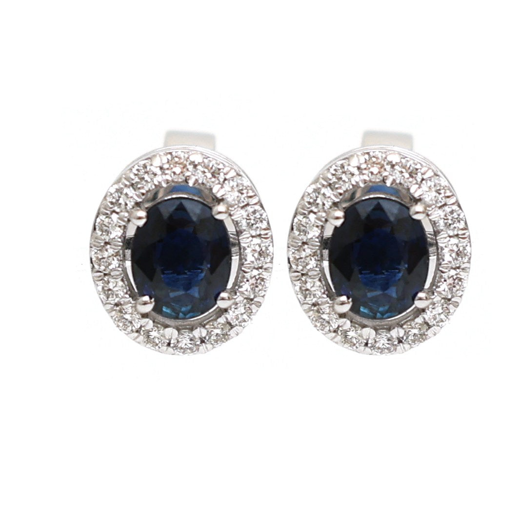 Blue Sapphire Halo 18K Natural Diamond Stud Earrings