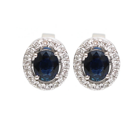 Blue Sapphire Halo 18K Natural Diamond Stud Earrings