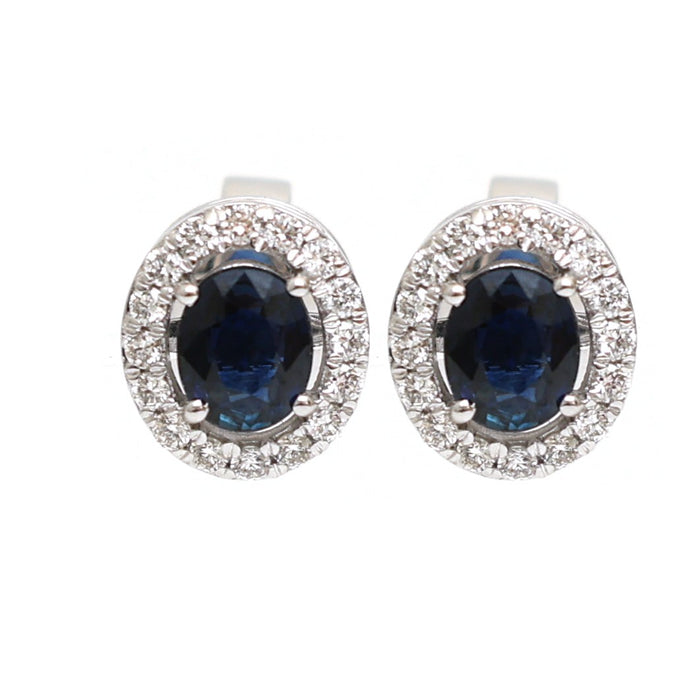 Blue Sapphire Halo 18K Natural Diamond Stud Earrings