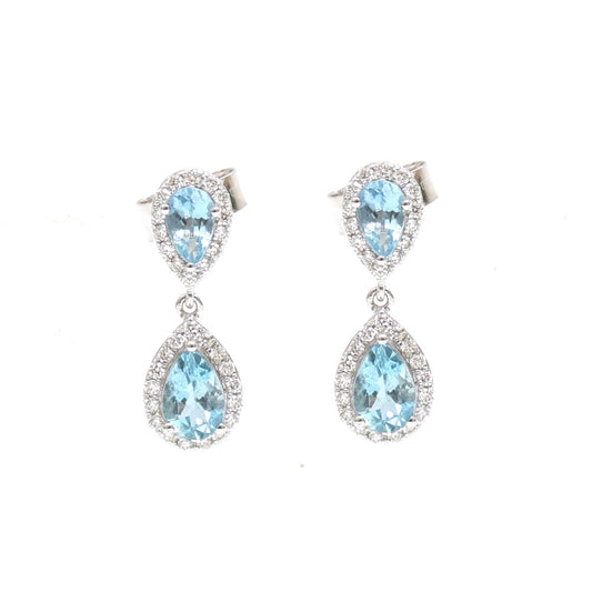 Aquamarine Halo 18K Natural Diamond White Gold Drop Earrings