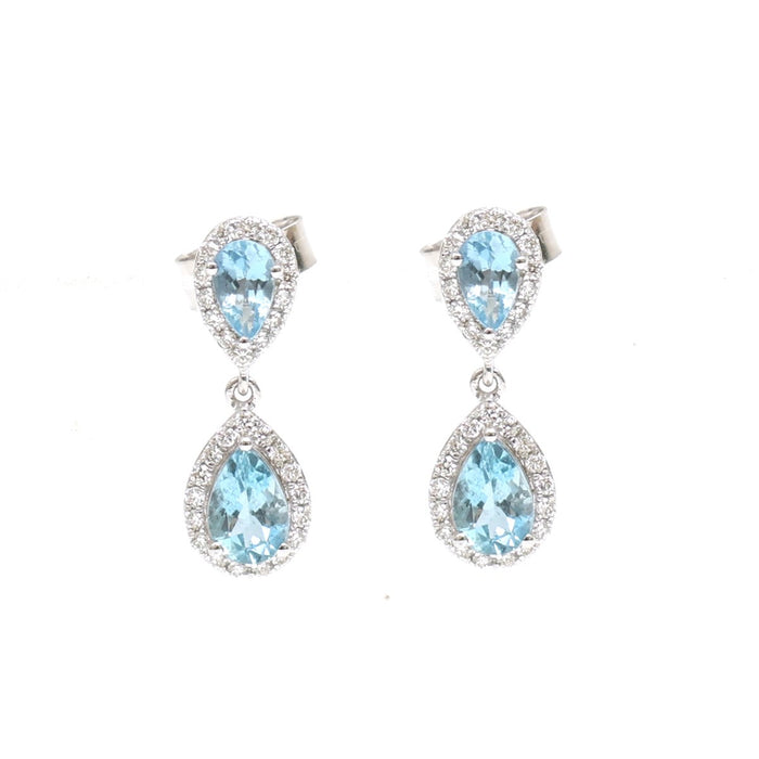 Aquamarine & Natural Diamond Halo Drop Earrings in 18K White Gold