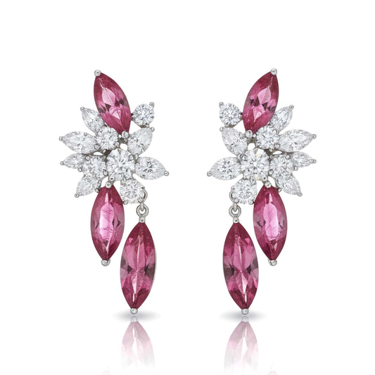 Marquise Ruby Diamond Floral Drop Earrings in 18K White Gold