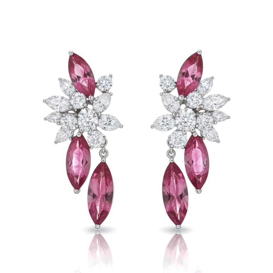 Marquise Ruby Diamond Floral Drop Earrings in 18K White Gold