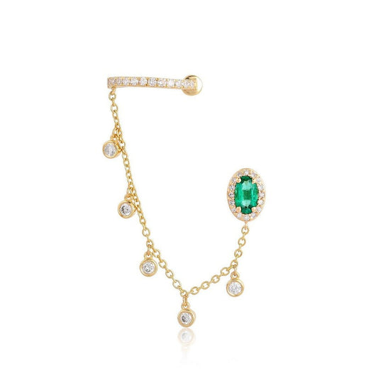 Emerald Chain Cuff Diamond Earrings in 14K Yellow Gold