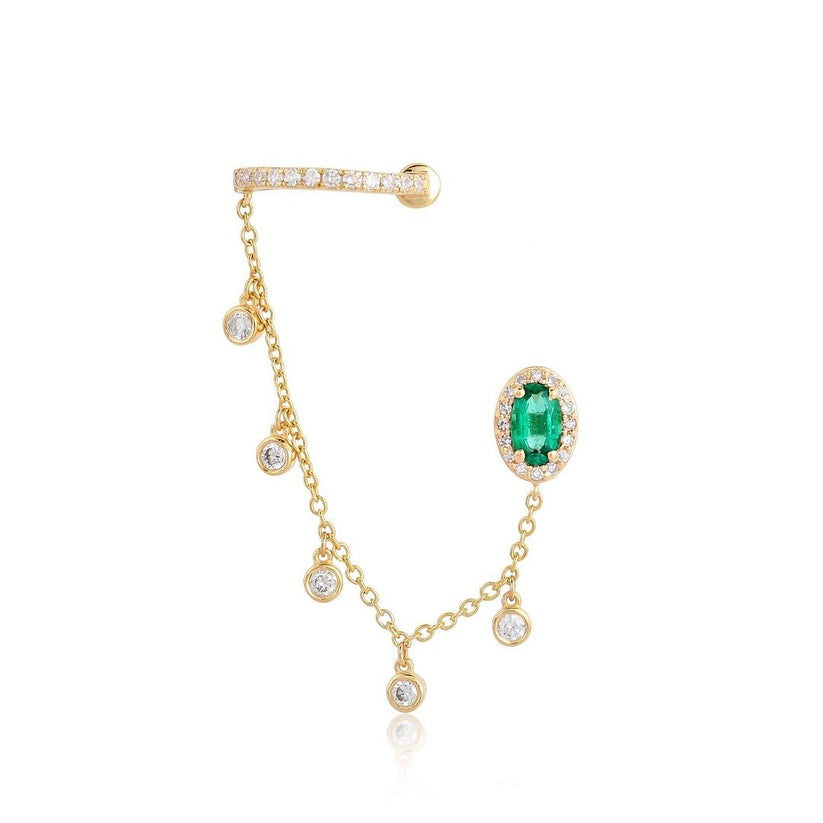 Emerald Chain Cuff Diamond Earrings in 14K Yellow Gold