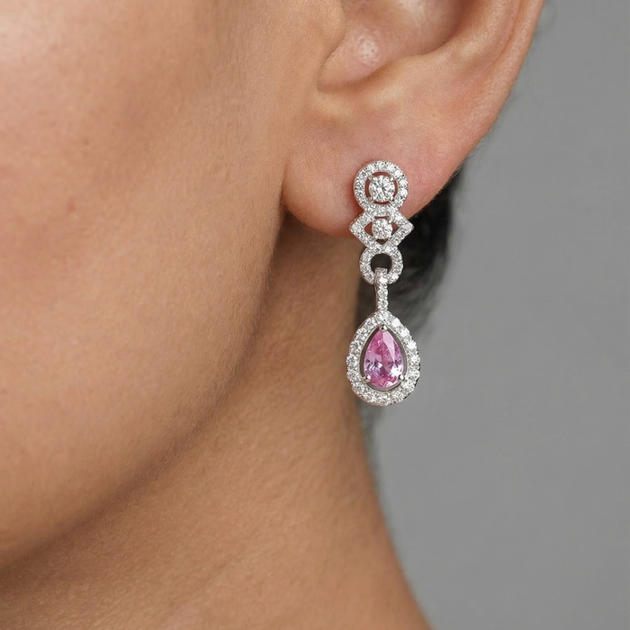 Petal Empress Pink Sapphire Diamond Drop Earrings in 18K White Gold