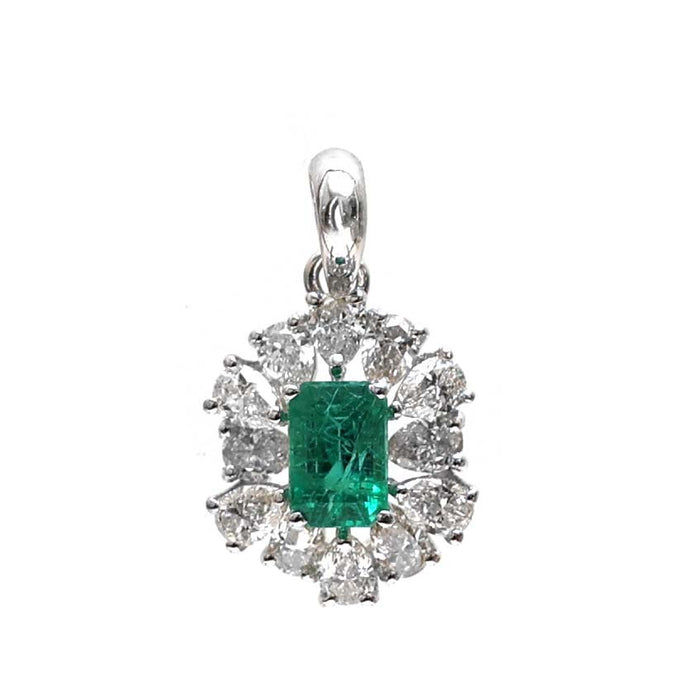 Emerald Diamond Floral Halo 18K White Gold Pendant Necklace