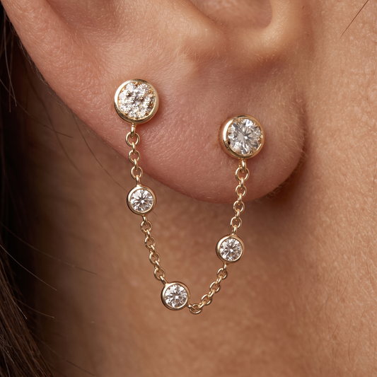 Gold Chain Bezel Round Diamond Drop Earrings in 14K Gold