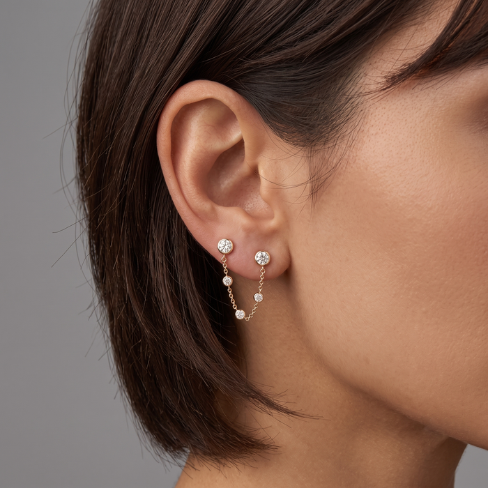 Gold Chain Bezel Round Diamond Drop Earrings in 14K Gold