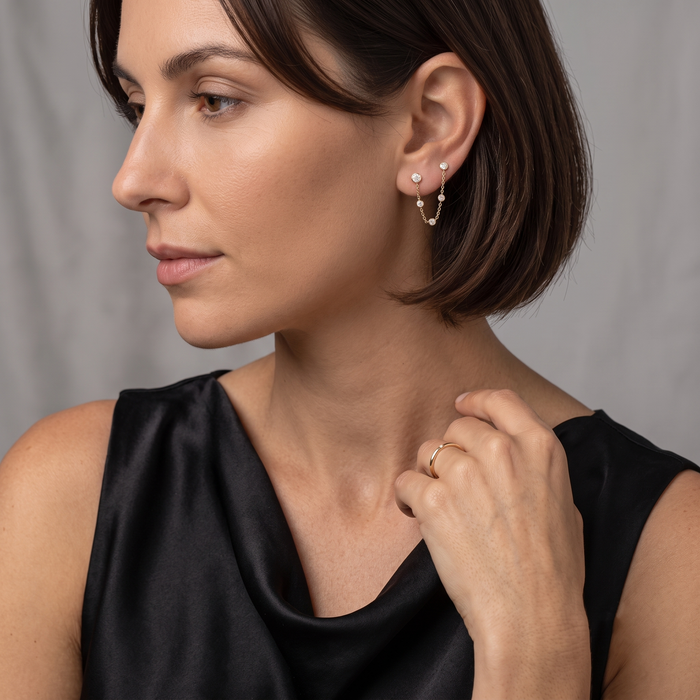 Gold Chain Bezel Round Diamond Drop Earrings in 14K Gold