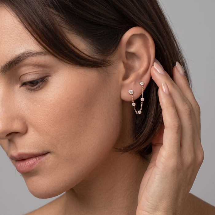 Gold Chain Bezel Round Diamond Drop Earrings in 14K Gold