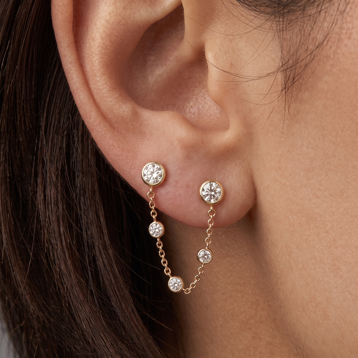 Gold Chain Bezel Round Diamond Drop Earrings in 14K Gold