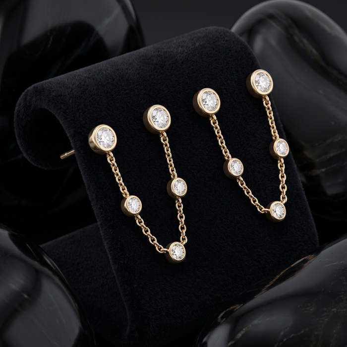 Gold Chain Bezel Round Diamond Drop Earrings in 14K Gold