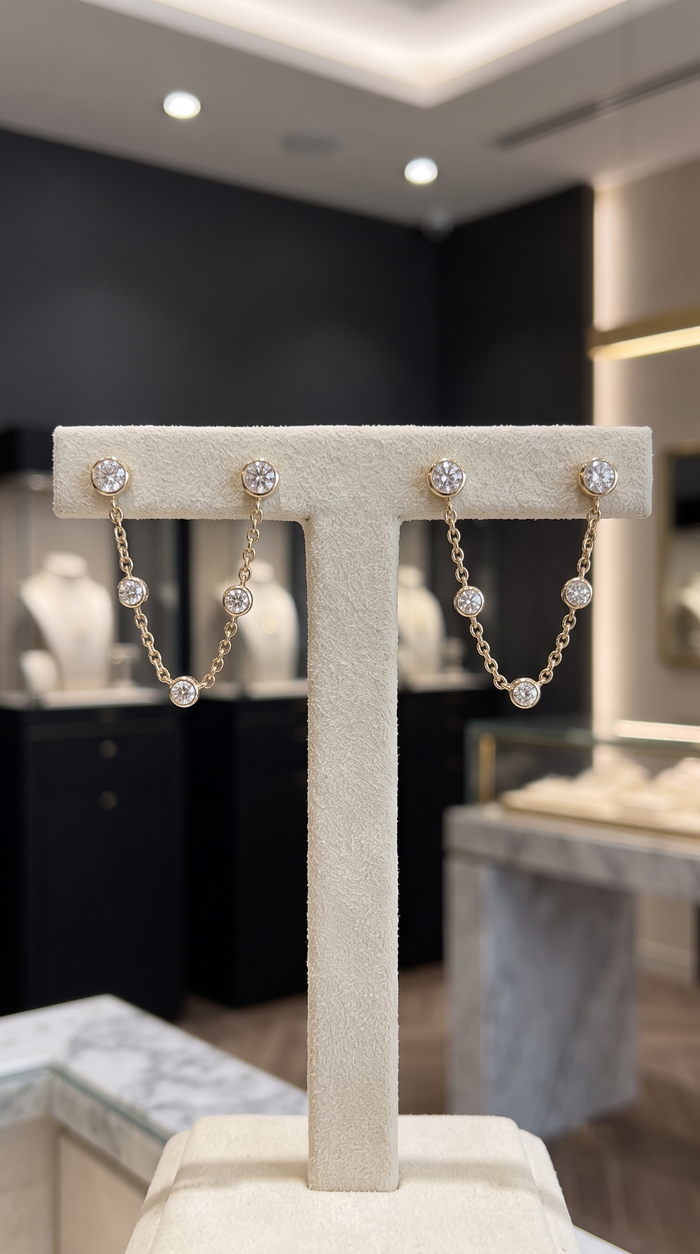 Gold Chain Bezel Round Diamond Drop Earrings in 14K Gold