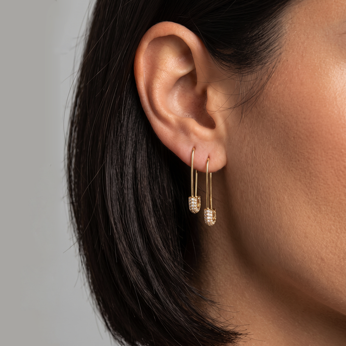 Safety Pin Diamond Earrings in 18K Yellow Gold