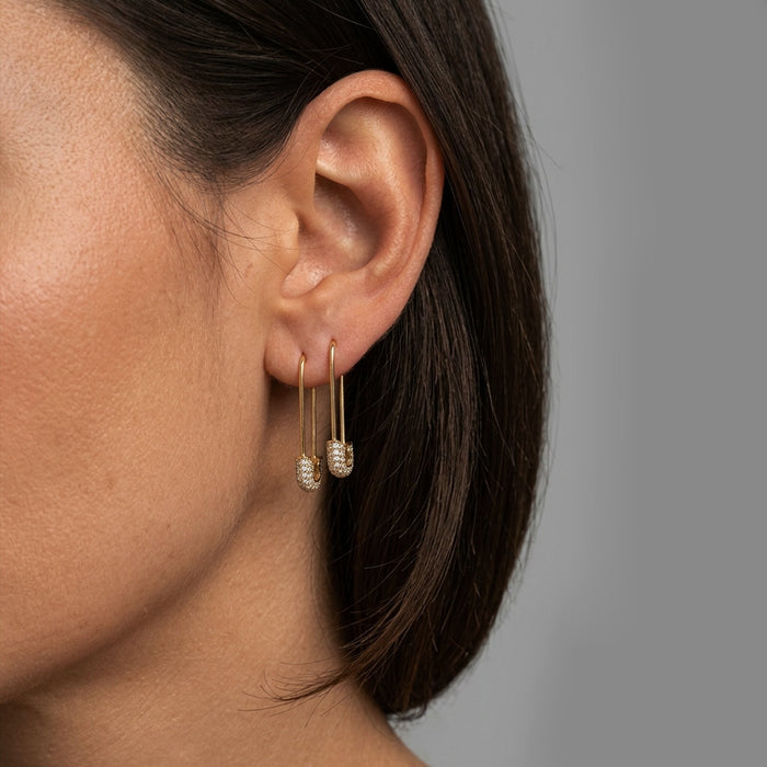 Safety Pin Diamond Earrings in 18K Yellow Gold