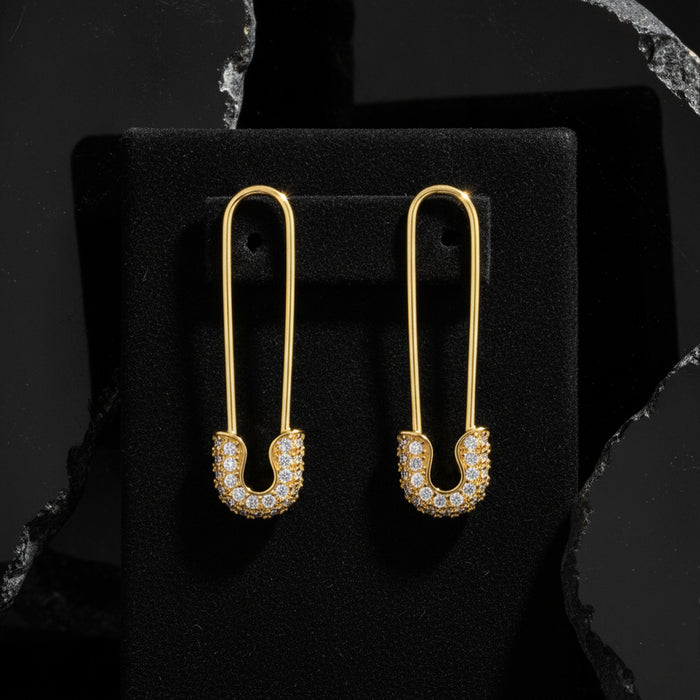 Safety Pin Diamond Earrings in 18K Yellow Gold