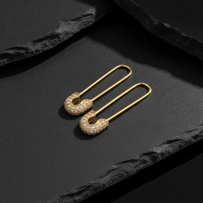 Safety Pin Diamond Earrings in 18K Yellow Gold