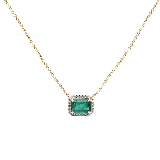 Elegant Emerald & Diamond 18K Yellow Gold Halo Necklace
