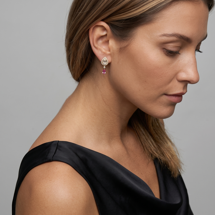 Pear Shape Radiant Drop Earrings in 14K Yellow Gold