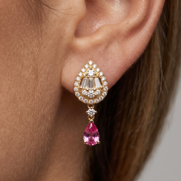 Pear Shape Radiant Drop Earrings in 14K Yellow Gold