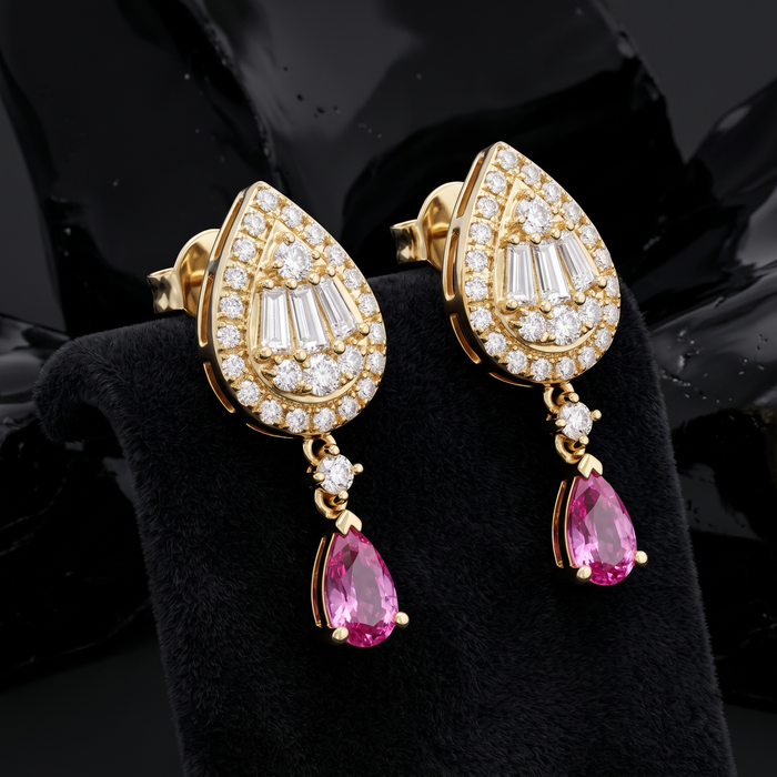 Pear Shape Radiant Drop Earrings in 14K Yellow Gold
