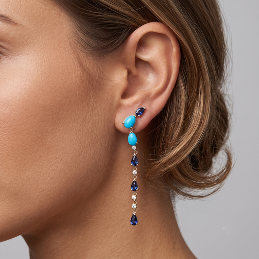 23 Blue Sapphire Diamond 14K (or 18k upon request) Yellow Gold Drop Earrings