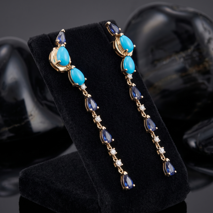 23 Blue Sapphire Diamond 14K (or 18k upon request) Yellow Gold Drop Earrings