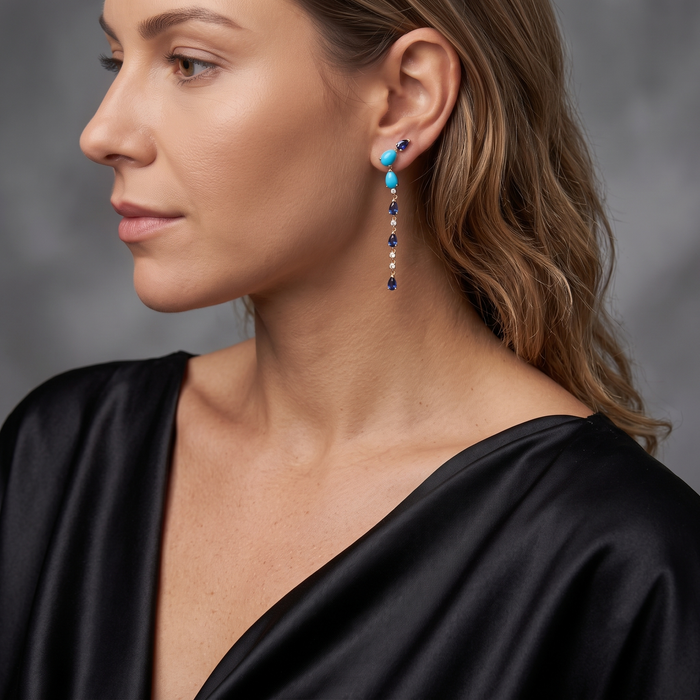 23 Blue Sapphire Diamond 14K (or 18k upon request) Yellow Gold Drop Earrings