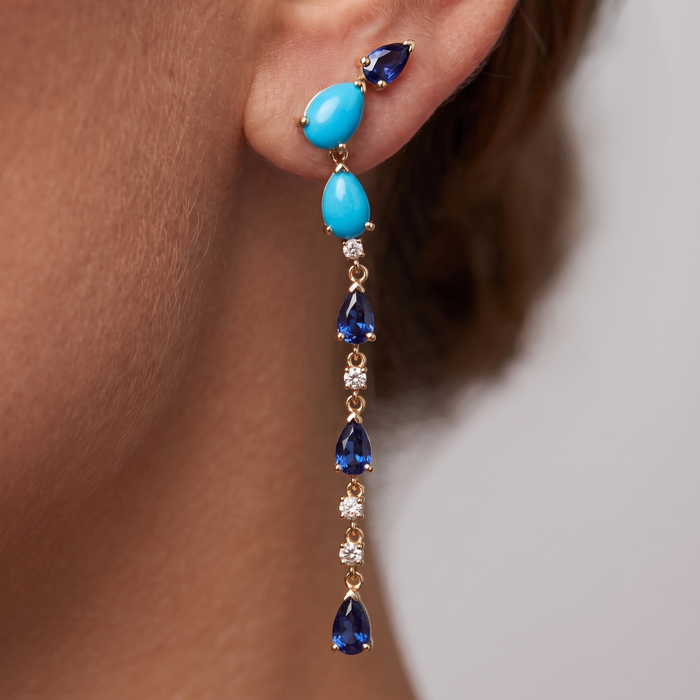 23 Blue Sapphire Diamond 14K (or 18k upon request) Yellow Gold Drop Earrings